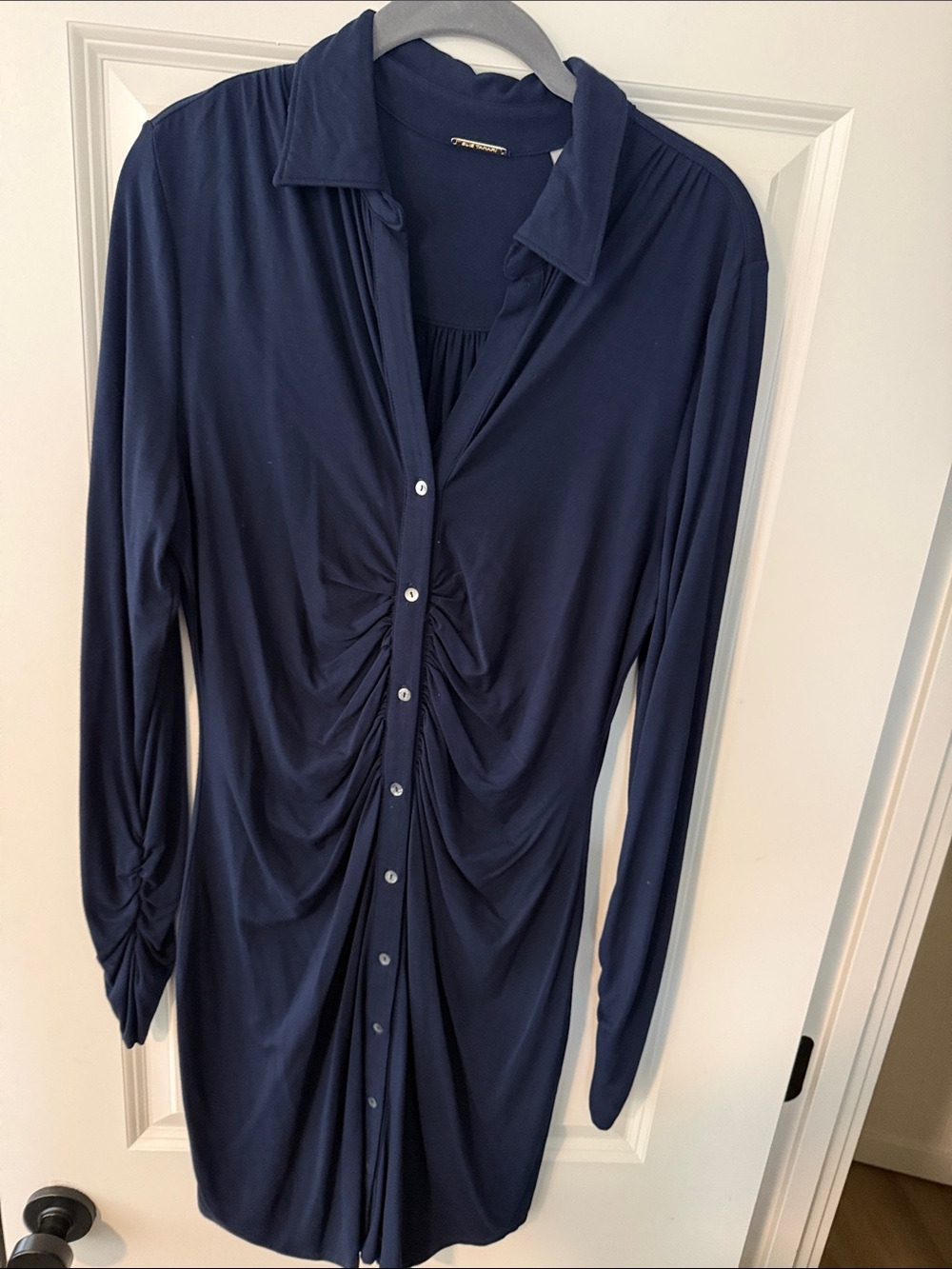 Elie Tahari Navy Ruched Button-Front Long Sleeve Shirt Dress